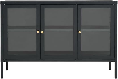 Anthracite Sideboard, Powder-Coated Steel, Tempered Glass Doors, 13.8x41.3x27.6 in. Modern Storage Cabinet for Living Room, Dining Room, Home Office Kitchen Furniture