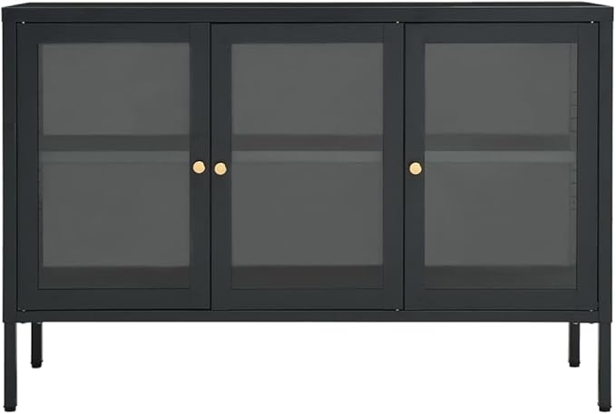 Anthracite Sideboard, Powder-Coated Steel, Tempered Glass Doors, 13.8x41.3x27.6 in. Modern Storage Cabinet for Living Room, Dining Room, Home Office Kitchen Furnitur