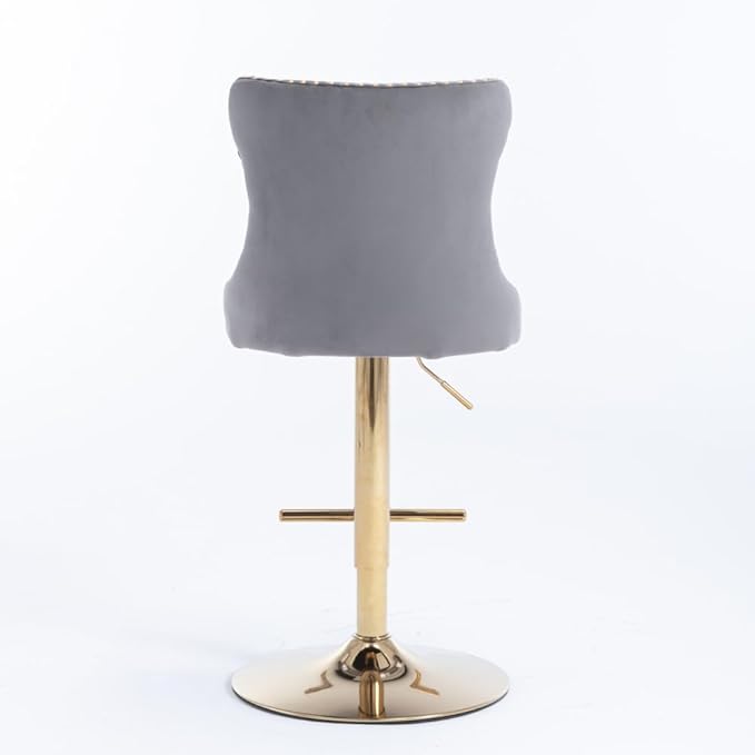Modern Swivel Bar Stool with Adjustable Height and Tufted Upholstered Backrest for Kitchen Island, Home Bar, or Dining Area (Gray + Velvet + Foam-1)