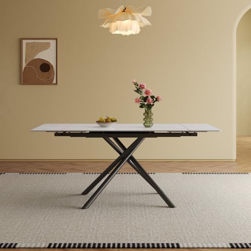 Runboll 47"-71" Extendable Sintered Stone Dining Table for 4 to 8, Modern Rectangular Kitchen Table with Carbon Steel Legs for Dining Room Family Gathering