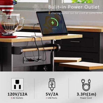 Bellemave 53" Mobile Kitchen Island with Drop Leaf, Rolling Kitchen Cart with Power Outlet and Door Internal Storage Rack, Island Table with 5 Open Side Racks for Dining Room (Black)