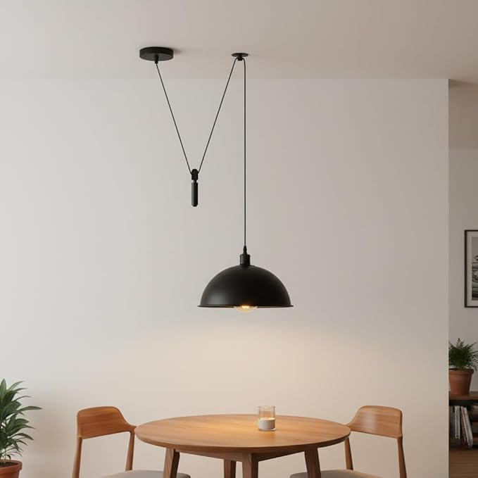 Black Dome Adjustable Pulley Pendant Light – Retro Industrial E26 Hanging Ceiling Lamp Fixture for Kitchen Island, Dining Room, Living Room, Bar & Café Décor (2M, Black)