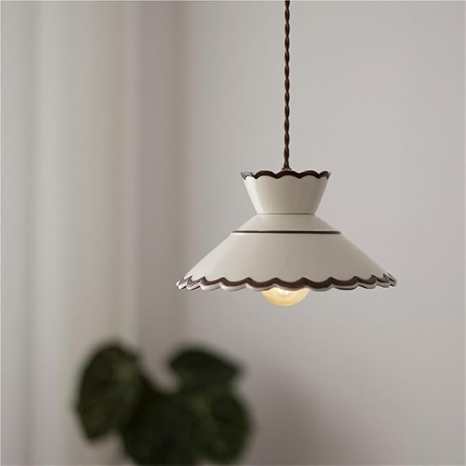 Vintage Scalloped Pendant Light, Cottagecore Farmhouse Style Hanging Lamp, Cream White Ceramic Shade, Adjustable Cord Ceiling Fixture for Kitchen Island, Dining Room, Bedroom, Cafe
