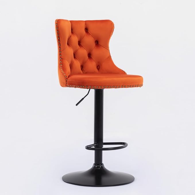 Premium Upholstered Bar Stool with Swivel Seat and Adjustable Height for Kitchen Island, Home Bar, or Dining Counter (Orange + Velvet + Foam)