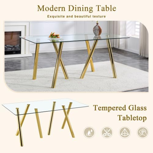Donext 71" Rectangular Tempered Glass Dining Table, Sturdy Metal Legs, Modern Kitchen Dining Room Table, Easy to Clean, Gold