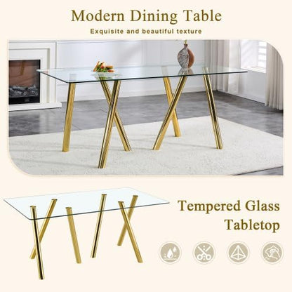 Donext 71" Rectangular Tempered Glass Dining Table, Sturdy Metal Legs, Modern Kitchen Dining Room Table, Easy to Clean, Gold