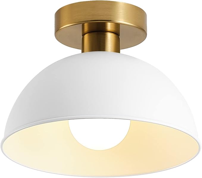 2-Pack Industrial Semi Flush Mount Ceiling Light with Gold Plate and White Shade, Farmhouse Ceiling Light Fixture for Kitchen Island Dining Room Foyer Hallway Porch Barn Loft，10in