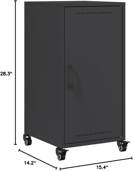 Modern Black Steel Sideboard Buffet Cabinet 15.4 x 14.2 x 28.3 in, Compact Coffee Bar Storage with Smooth Sliding Door & Wheels for Living Room, Entryway or Small Kitchen