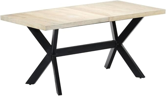 63"x31.5" White 6-Person Dining Table, Mango Wood Top, Black Steel Legs, Rectangular Kitchen/Office