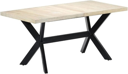 Rectangular Dining Table, White Solid Mango Wood Top, Powder-Coated Steel Legs, Modern Kitchen & Dining Room Spaces, Seats Six People