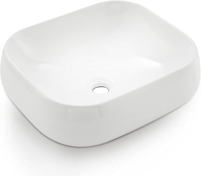 Rectangle Vessel Sink, 18"x16" Modern White Ceramic Bathroom Vessel Sink Above Counter Lavatory Vanity Porcelain Washinng Art Basin