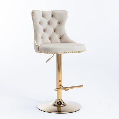 Premium Upholstered Bar Stool with Swivel Seat and Adjustable Height for Kitchen Island, Home Bar, or Dining Counter (Beige + Velvet + Foam)