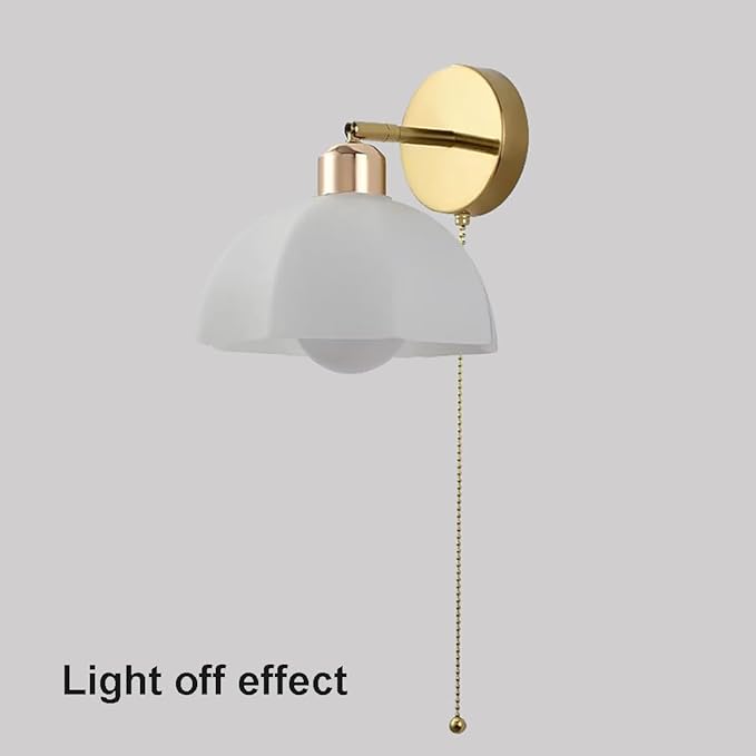 White Glass Wall Light Fixture Vintage Wall Sconces with Pull Chain Switch Brushed Gold Brass Sconce Wall Lighting Retro White Flower Glass Sconce for Bedroom Kitchen Hallway