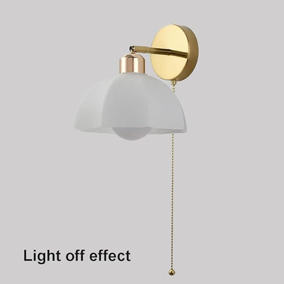White Glass Wall Light Fixture Vintage Wall Sconces with Pull Chain Switch Brushed Gold Brass Sconce Wall Lighting Retro White Flower Glass Sconce for Bedroom Kitchen Hallway
