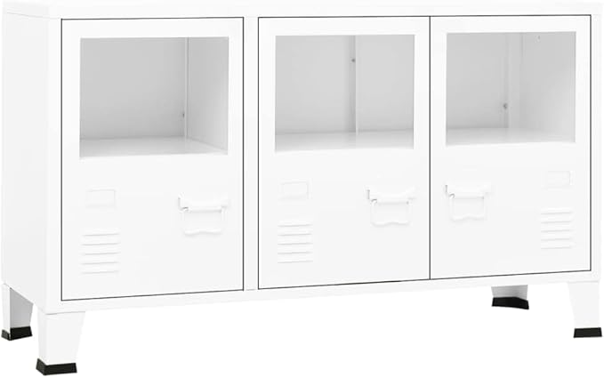 White Metal and Glass Sideboard, Rectangular Storage Cabinet for Living Room, 13.8x41.3x24.4 Inches, Industrial Buffet with 3 Doors Kitchen Furniture
