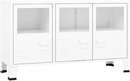 White Metal and Glass Sideboard, Rectangular Storage Cabinet for Living Room, 13.8x41.3x24.4 Inches, Industrial Buffet with 3 Doors Kitchen Furniture