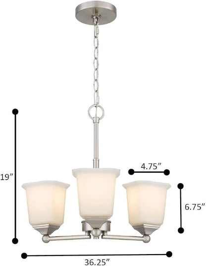 Tawson Nox 3-Light Chandelier Pendant Ceiling Light Brushed Nickle White Glass Shade Adjustable Height for Hallway, Entryway, Passway, Dining, Bedroom, Kitchen, Balcony Living Room