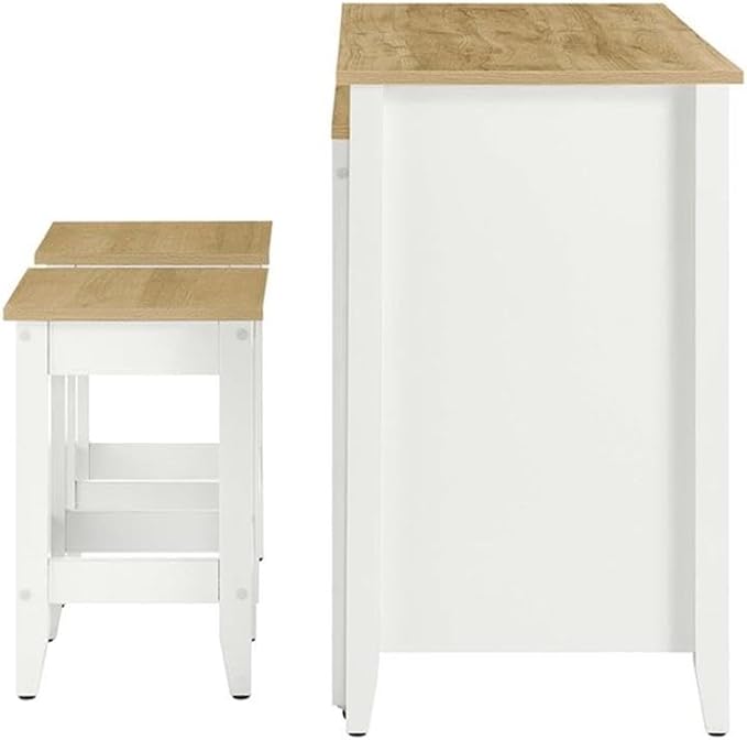 MAKLAINE Contemporary 3-Piece Kitchen Island and Stool Set, Oak White Finish, MDF/Particleboard Construction, Adjustable Shelves, Butcher Block Countertop, Pull-Out Table, Small Kitchen Dining Space