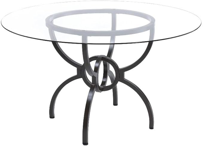 Pemberly Row 48" Round Contemporary Metal Dining Table, Clear Tempered Glass Top, Gunmetal Finish, Stylish Interlocking Ring Base, Chic Transitional Design for Breakfast Nook or Eat-in Kitchen