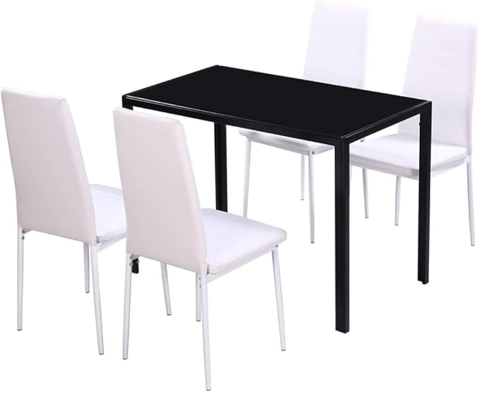 5-Piece Dining Table Set with Tempered Glass Top and Artificial Leather Chairs Black and White Modern Kitchen Table Set for Small Spaces, Bistro, Indoor Use