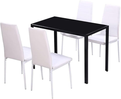 5-Piece Dining Table Set Black and White Modern Kitchen Table Set with Tempered Glass Top and Faux Leather Chairs for Small Spaces, Bistro Indoor, Living Room Furniture