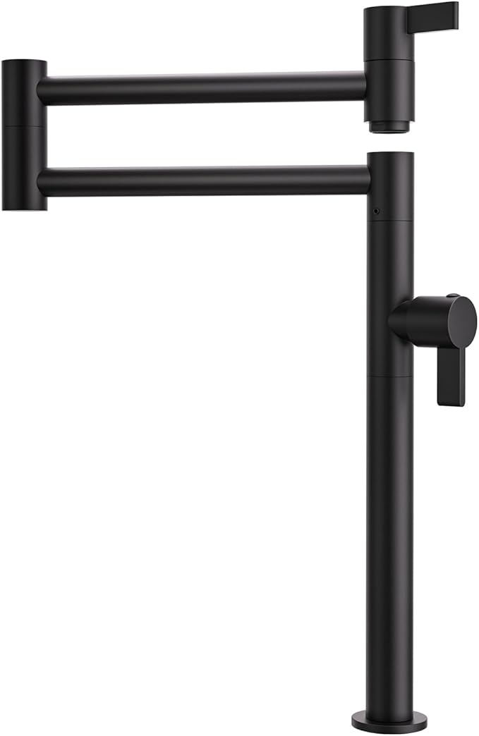 Deck Mount Pot Filler Faucet, ARCORA Solid Brass Pot Filler Matte Black Kitchen Folding Faucet with Stretchable Double Joint Swing Arm