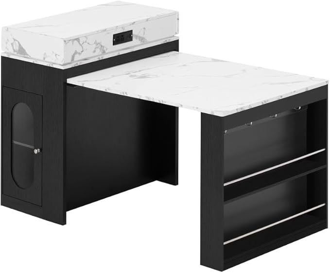 Modern Marble Dining Table Extendable Folding Solid Wood Kitchen Island with Power Socket Buffet Cabinet Sideboard on Wheels for Dining Room (Black + White Marble Pattern,with Metal Legs)