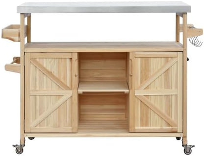 Bellemave Outdoor Kitchen Island with Stainless Steel Top, Rolling Bar Cart & Storage Cabinet, Outdoor Grill Cart with Spice & Towel Rack, Rolling Island Table for Kitchen & BBQ, Natural