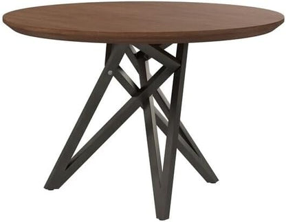 HomeStock Island Interiors 47 Inch Round Dining Table with Walnut Brown Wood Top and Angled Steel Legs in Black 47.3 x 47.3 x 29.5 Inch