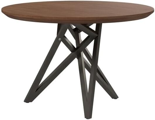 HomeStock Island Interiors 47 Inch Round Dining Table with Walnut Brown Wood Top and Angled Steel Legs in Black 47.3 x 47.3 x 29.5 Inch