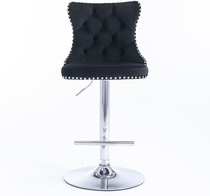 Modern Swivel Bar Stool with Adjustable Height and Tufted Upholstered Backrest for Kitchen Island, Home Bar, or Dining Area (Black + Velvet + Foam-3)