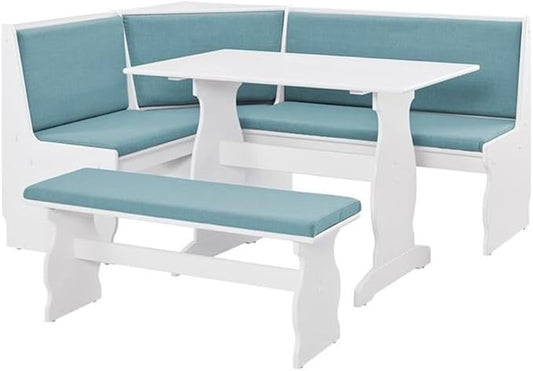 Riverbay Patio Conversation Indoor 3 Piece Kitchen Corner Nook Table Booth Bench Breakfast Dining Set in Capri Blue