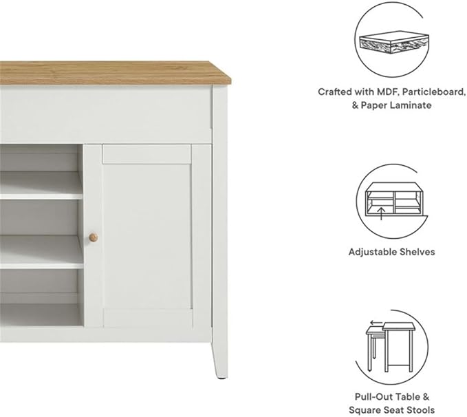 MAKLAINE Contemporary 3-Piece Kitchen Island Set, Oak White Finish, MDF and Particleboard Construction, Butcher Block Countertop, Pull-Out Table, Adjustable Shelves, Includes 2 Backless Stools