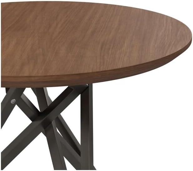 HomeStock Island Interiors 47 Inch Round Dining Table with Walnut Brown Wood Top and Angled Steel Legs in Black 47.3 x 47.3 x 29.5 Inch