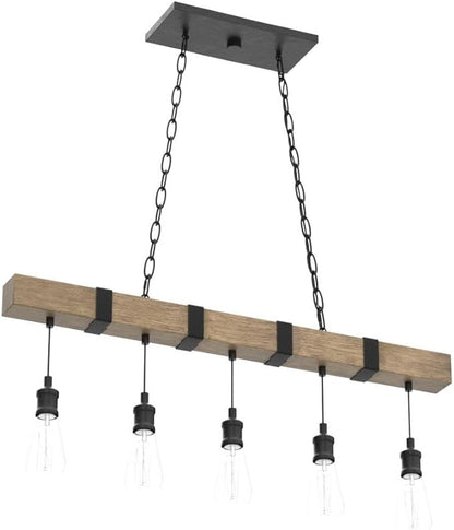 LOG BARN Kitchen Light Fixtures, Farmhouse Chandelier for Kitchen Island in Rustic Faux Wood with Black Wires, 5-Light Pendant Lighting for Dining Room
