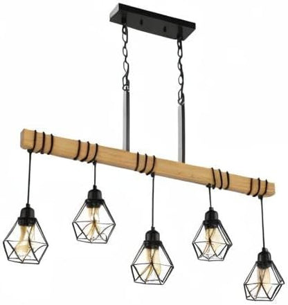 38" Farmhouse Kitchen Light Fixture, Black Hanging Kitchen Chandelier, 5-Light Rustic Dining Room Light Adjustable Height with Wood and Metal Frame, Suit for Farmhouse, Industrial Style