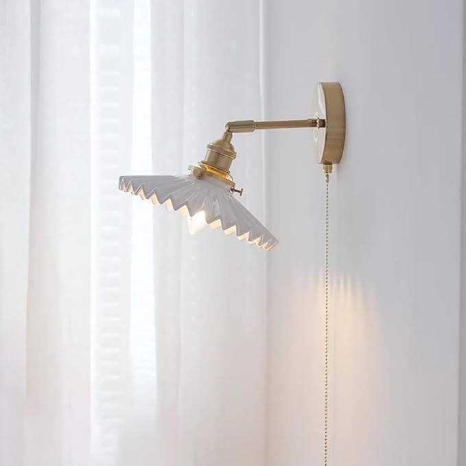 Ceramic Wall Lamp Vintage Wall Light Fixtures with Pull Chain Switch Gold Brass Sconces Wall Lighting White Small Wall Sconce Light for Bedroom Kitchen Study Aisle