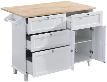 Bellemave Kitchen Island Set with 2 Stools, Kitchen Storage Island with Drop Leaf, 4 Drawers, Cabinet and Towel Rack, Dining Table Set with 2 Stools, White+Natural/Brown