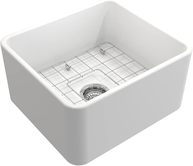 BOCCHI Classico Apron Front Fireclay 20 in. Single Bowl Kitchen Sink with Protective Bottom Grid and Strainer in Matte White