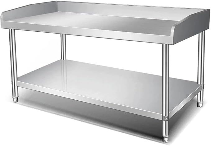 Kitchen Preparation Table Stainless Steel Worktop with Three-Sided Splashback, Stainless Steel Dining Table Grill, Adjustable Legs, 2/3-Tier Kitchen Preparation Table,Al120×w80×h80cm