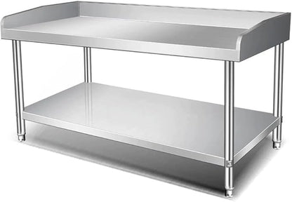 Kitchen Preparation Table Stainless Steel Worktop with Three-Sided Splashback, Stainless Steel Dining Table Grill, Adjustable Legs, 2/3-Tier Kitchen Preparation Table,Al120×w80×h80cm