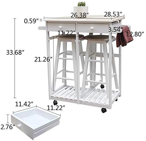 Dining Room Table Set, Folding Kitchen Bar Breakfast Drop Leaf Breakfast Cart for Small Spaces, Kitchen Island On Wheels, Kitchen Cart with 2 Round Stools Chairs Desk (White)
