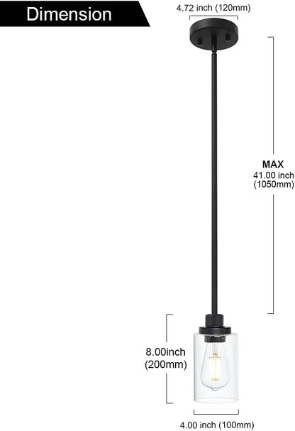 TODOLUZ Black Industrial Pendant Light Fixtures, Kitchen Hanging Lighting with Clear Glass Cylinder Shade for Farmhouse Dining Room Coffee Bar Bedroom