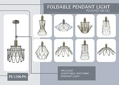 Royal Designs, Inc. Foldable Industrial Metal Pendant Light with Adjustable 7 ft Long Lamp Cord & Canopy, Create 9 Different Shapes, Polished Nickel, Single