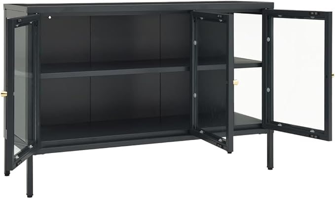 Anthracite Sideboard, Powder-Coated Steel, Tempered Glass Doors, 13.8x41.3x27.6 in. Modern Storage Cabinet for Living Room, Dining Room, Home Office Kitchen Furniture