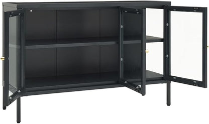 Anthracite Sideboard, Powder-Coated Steel, Tempered Glass Doors, 13.8x41.3x27.6 in. Modern Storage Cabinet for Living Room, Dining Room, Home Office Kitchen Furniture
