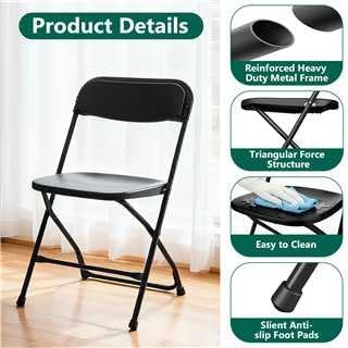 6 Pack Black Plastic Folding Chairs, Outdoor Portable Folding Chair with Steel Frame, 350lbs Capacity Stackable Foldable Chairs for Patio, Garden, Picnic, Kitchen, Events