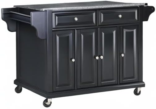 Crosley Furniture Full Size Granite Top Rolling Kitchen Island Storage Cart, Microwave Stand, Spice Rack, Black