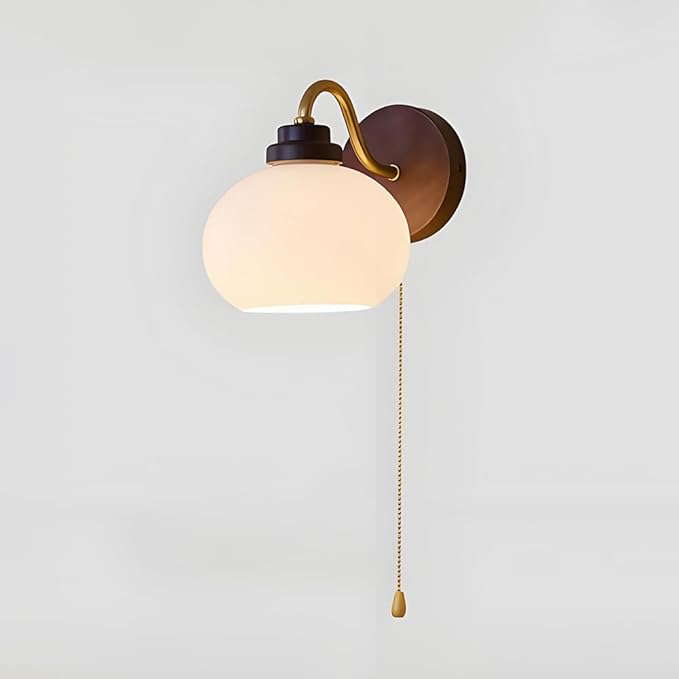Solid Wood Wall Light Retro Wall Sconce with Pull Chain Switch, Bathroom Vanity Light Fixture, Glass Shade Wall Lamps for Living Roon Halklway Bedroom, E27 Haedwired