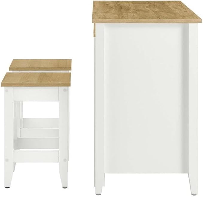 MAKLAINE Contemporary 3-Piece Kitchen Island Set, Oak White Finish, MDF and Particleboard Construction, Butcher Block Countertop, Pull-Out Table, Adjustable Shelves, Includes 2 Backless Stools